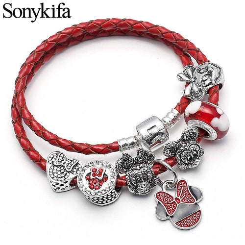 Sonykifa Fashion Jewelry Mickey Minnie Leather Pandoro Bracelet