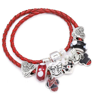 Sonykifa Fashion Jewelry Mickey Minnie Leather Pandoro Bracelet