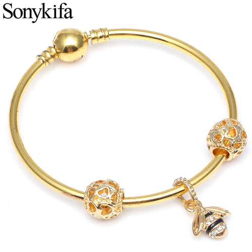 Sonykifa Vintage Silver Crystal Glass Beads Charms Bracelets